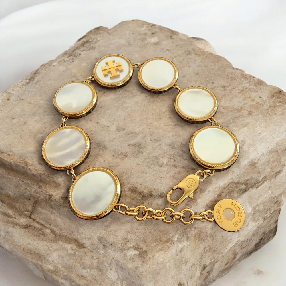Tory Burch Gold-Tone Bracelet with Mother-of-Pearl Discs - Picture 2 of 5